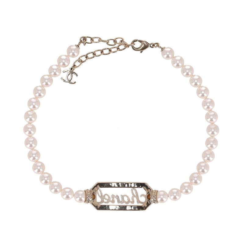 Chanel Pearl Choker Necklace With Crystal Embellished 'Chanel' Signature