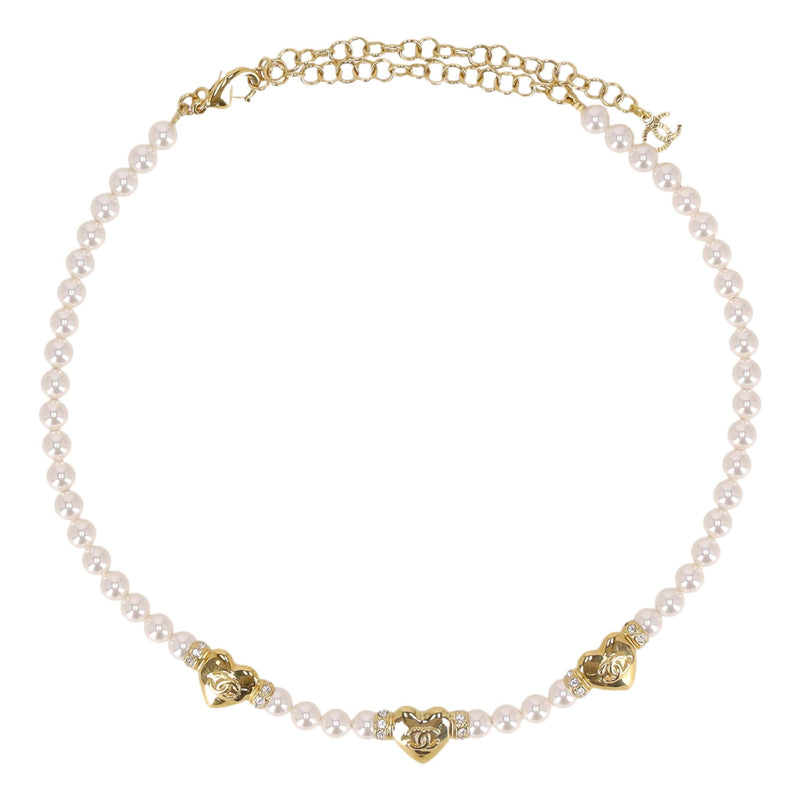 Chanel 2024 Collection Pearl Choker Necklace With 'CC' Logo Heart Pendants