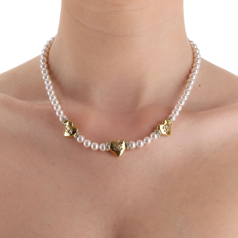 Chanel 2024 Collection Pearl Choker Necklace With 'CC' Logo Heart Pendants