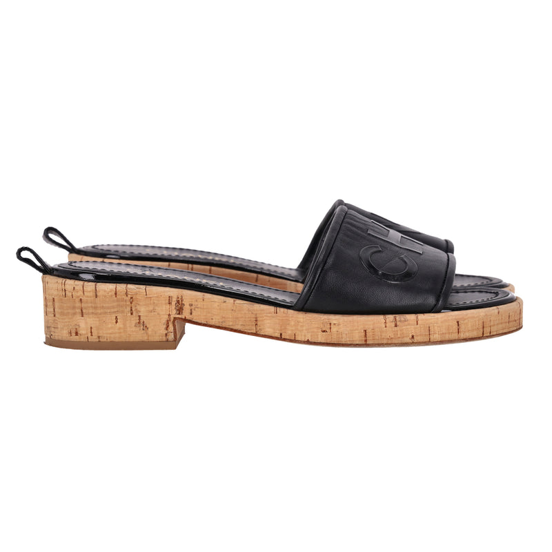Chanel Logo Embossed Lambskin Cork Slides. Size 38