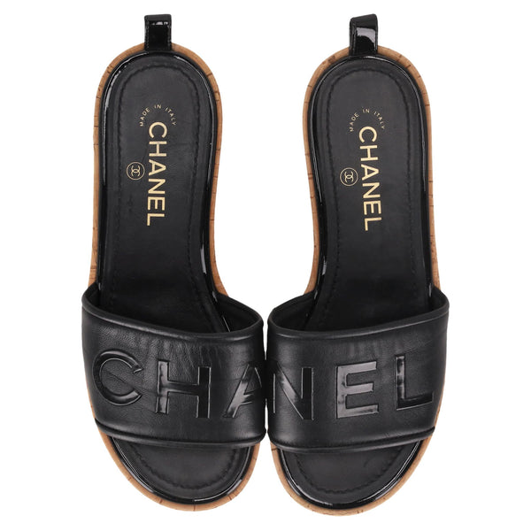 Chanel Logo Embossed Lambskin Cork Slides. Size 38
