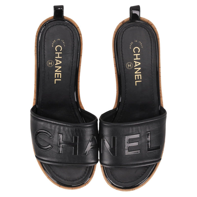 Chanel Logo Embossed Lambskin Cork Slides. Size 38