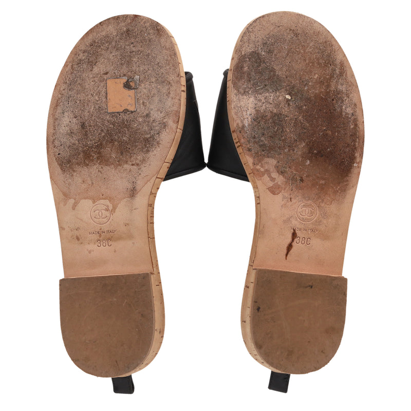 Chanel Logo Embossed Lambskin Cork Slides. Size 38