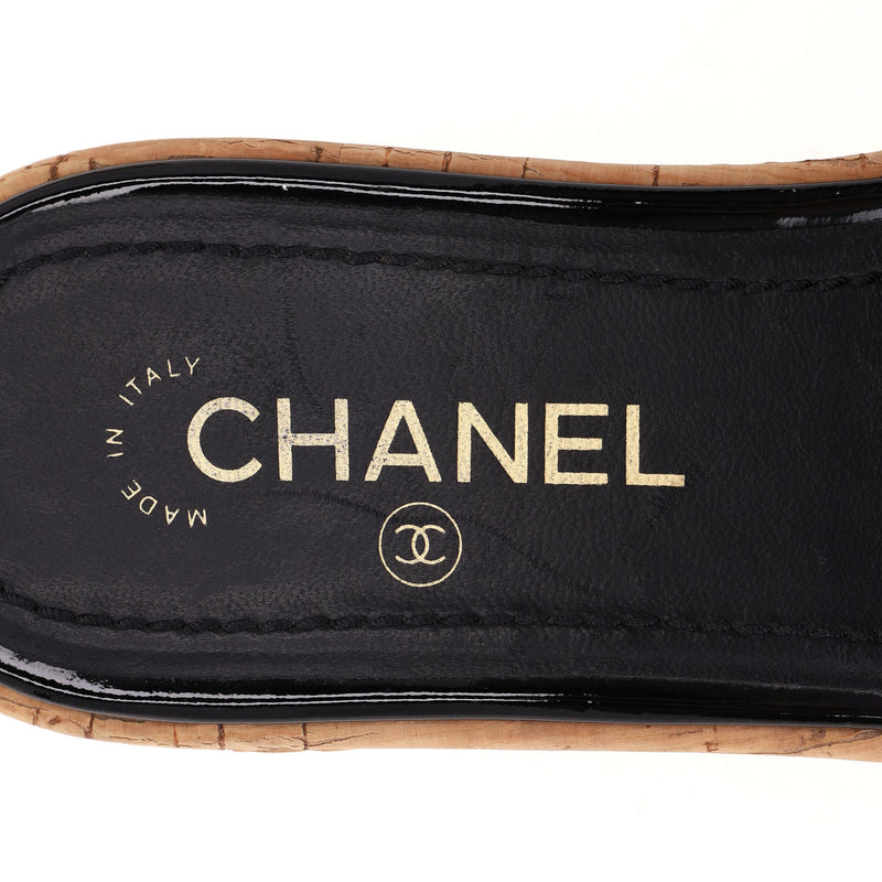 Chanel Logo Embossed Lambskin Cork Slides. Size 38