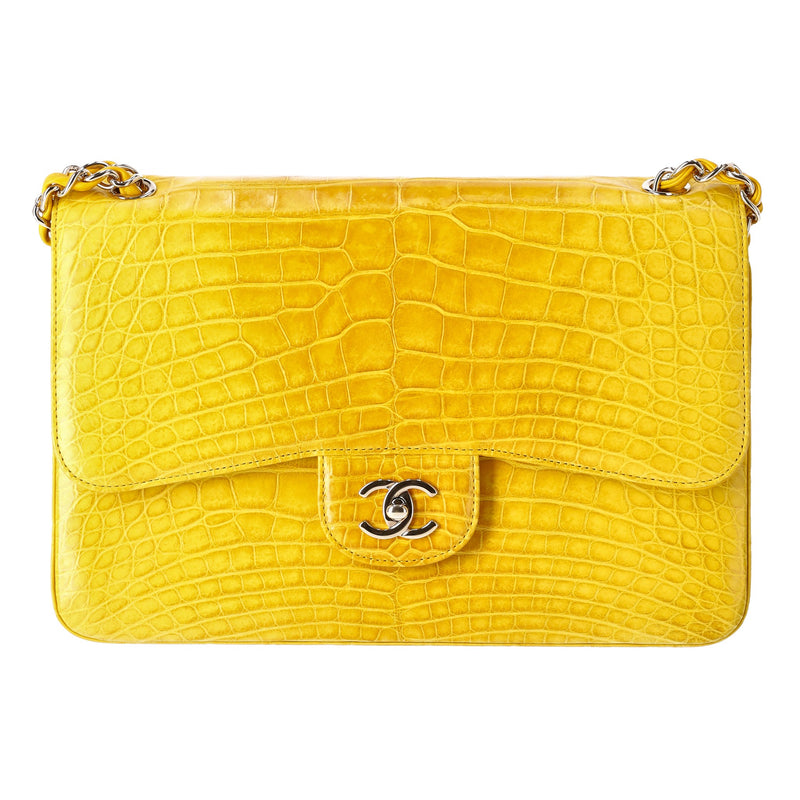 Chanel Shiny Alligator Skin Jumbo Double Flap Hand Bag