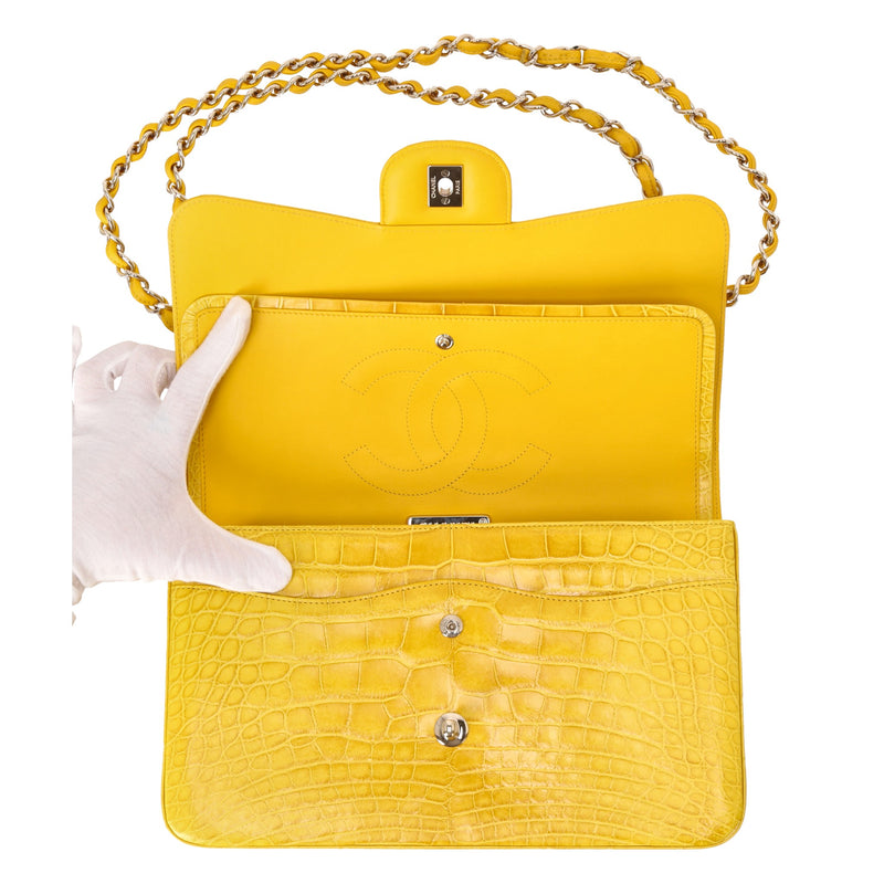 Chanel Shiny Alligator Skin Jumbo Double Flap Hand Bag