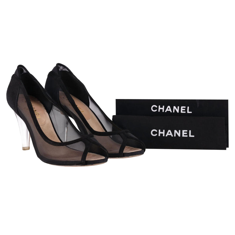 Chanel Mesh Peep-Toe Pumps With A Clear Lucite Heel. Size 39.5