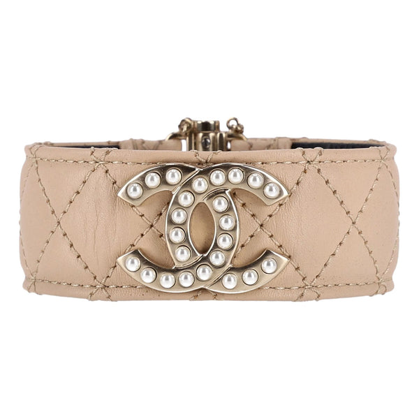 Chanel Quilted Leather Cuff Bracelet With Pearl 'CC' Logo – Shush