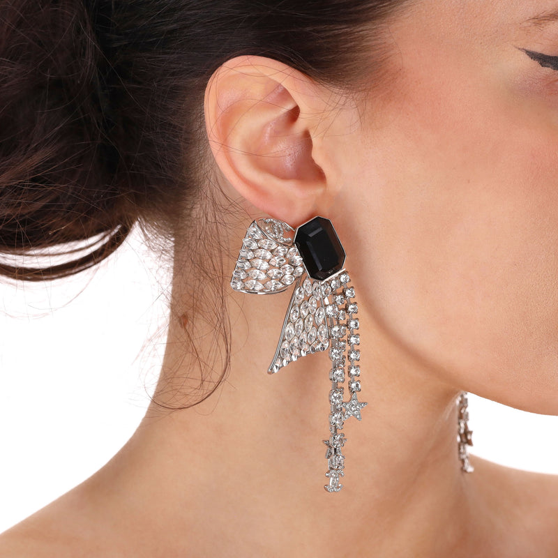 Chanel Crystal Bow Embellished 'CC' Logo Drop Earrings