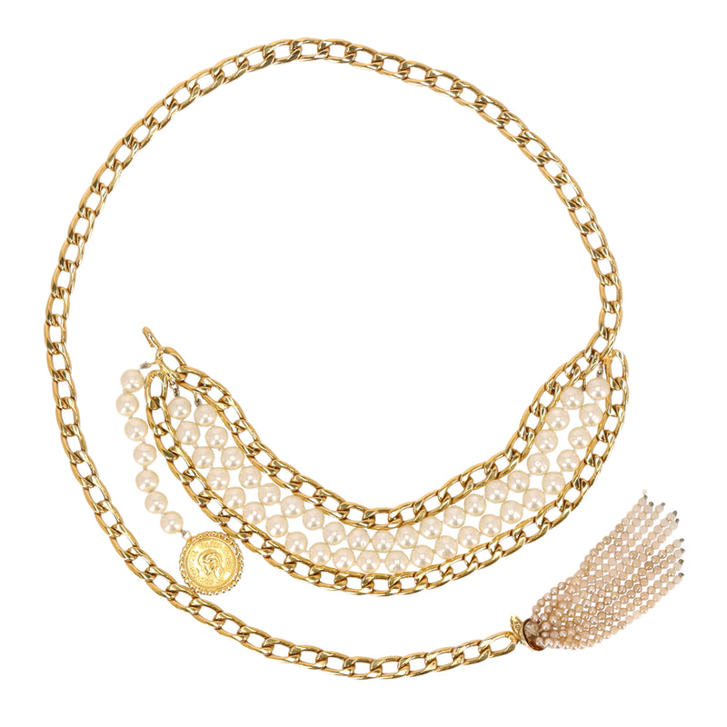 Chanel 'CC' Logo Pearl & 24k Gold Plated Chain Multi-Strand Belt