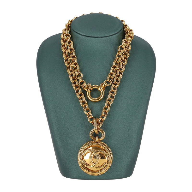 Chanel Vintage 90's 24k Gold Plated 'CC' Logo Medallion & Mirror Double-Sided Necklace