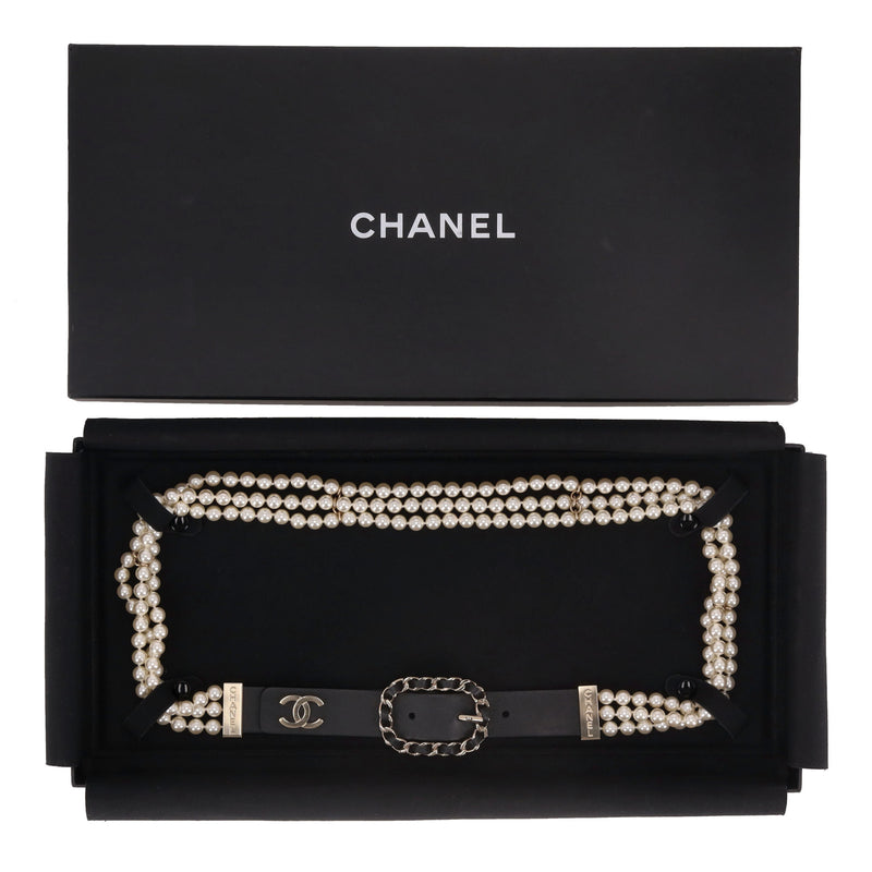 Chanel 'CC' Logo, Leather & Chain Pearl Belt