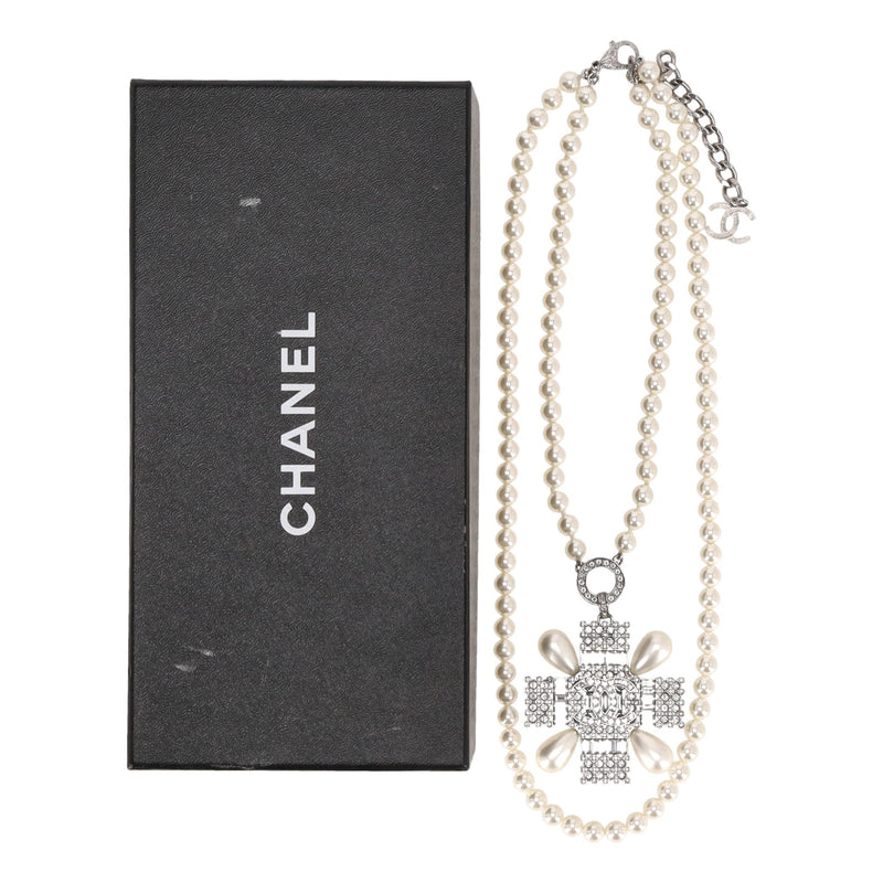 Chanel Double-Strand Pearl Necklace With Crystal Embellished Maltese Cross