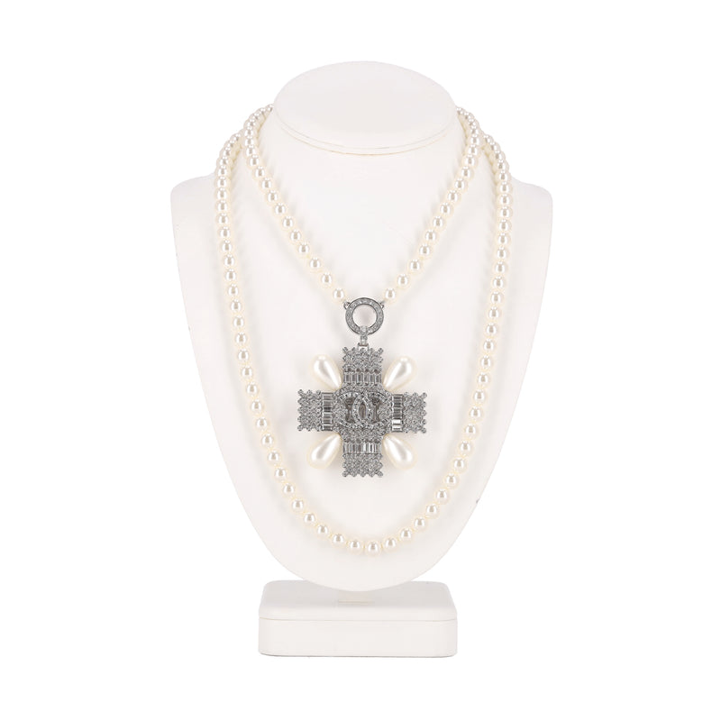 Chanel Double-Strand Pearl Necklace With Crystal Embellished Maltese Cross