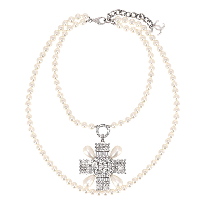 Chanel Double-Strand Pearl Necklace With Crystal Embellished Maltese Cross