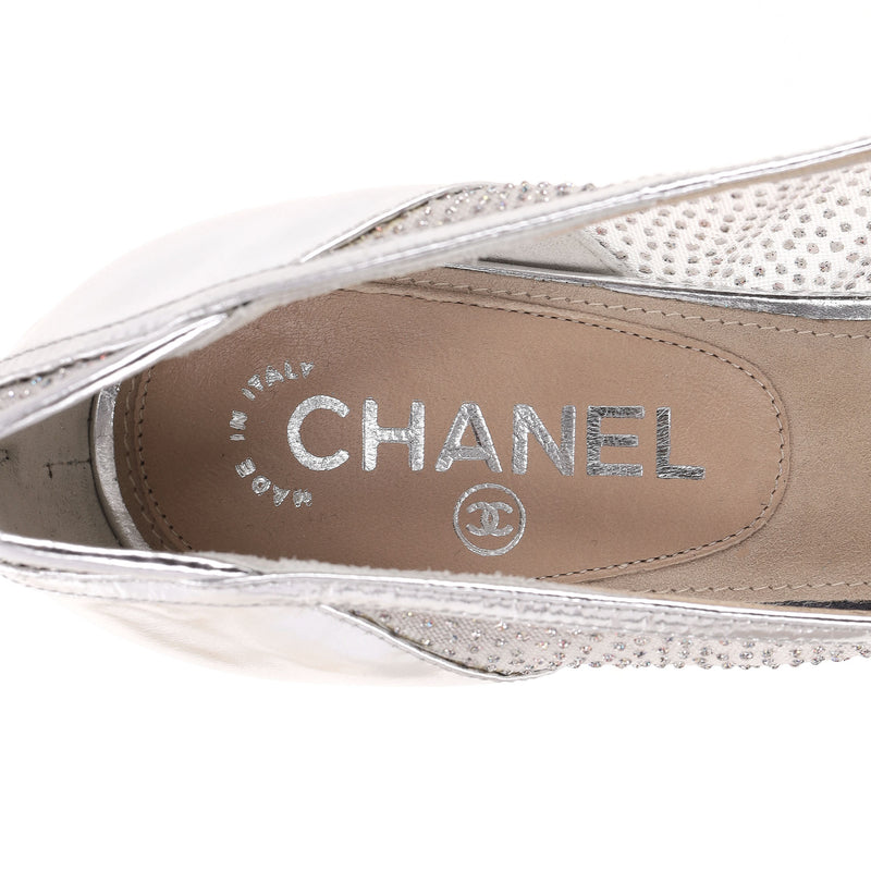 Chanel Glitter Mesh Peep-Toe Pumps With A Clear Lucite Heel. Size 39.5