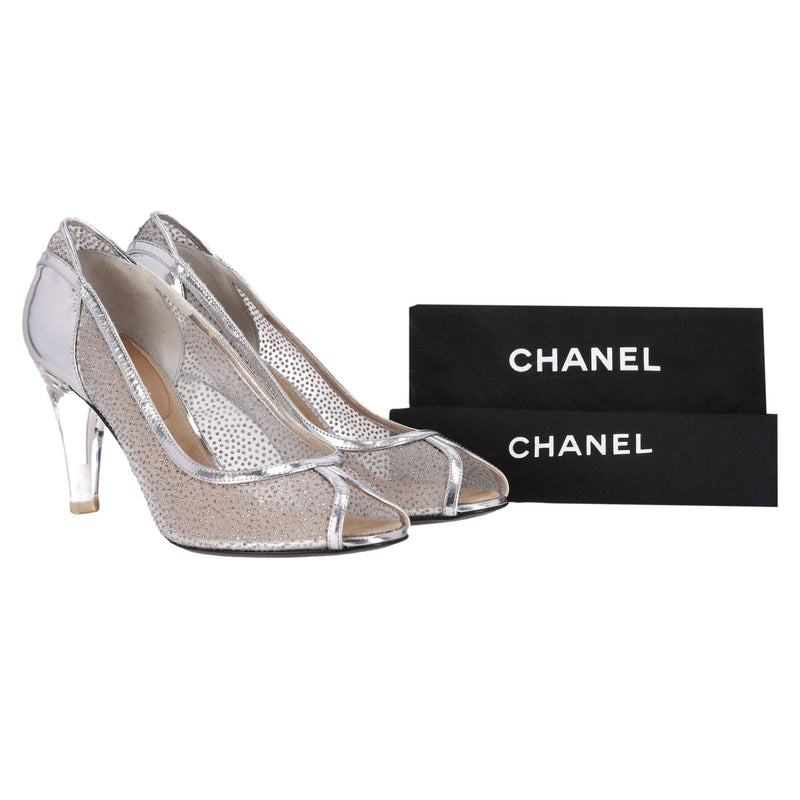Chanel Glitter Mesh Peep-Toe Pumps With A Clear Lucite Heel. Size 39.5