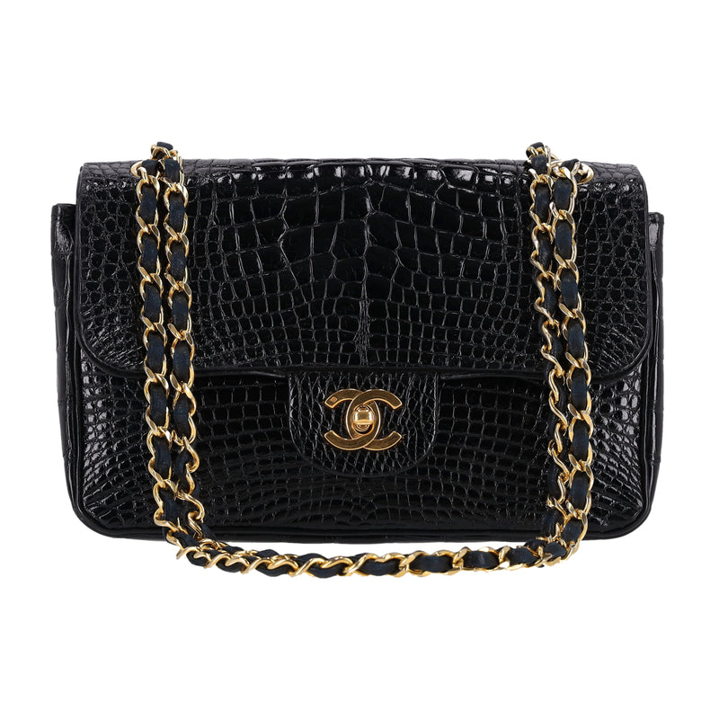 Chanel Vintage 80's Shiny Crocodile Skin Small Timeless Double Flap Bag