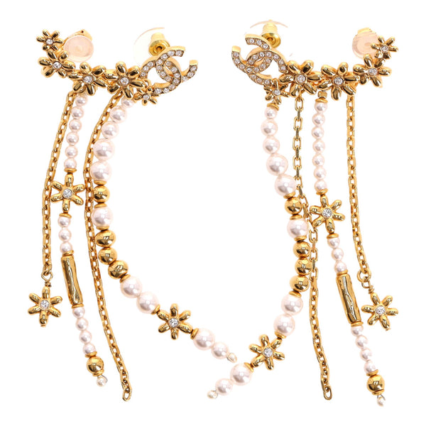 Chanel 'CC' Logo & Pearl Floral Motif Drop Climber Earrings