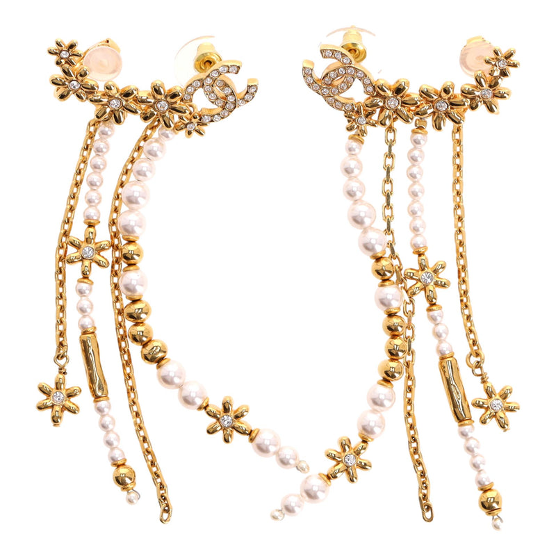 Chanel 'CC' Logo & Pearl Floral Motif Drop Climber Earrings