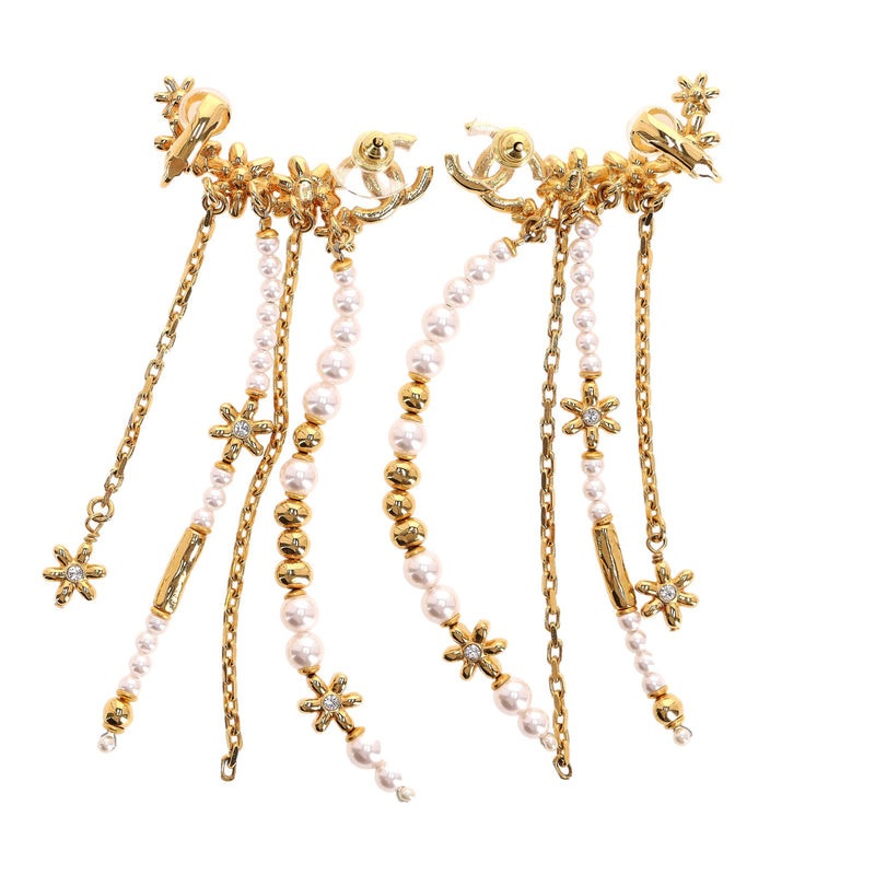 Chanel 'CC' Logo & Pearl Floral Motif Drop Climber Earrings
