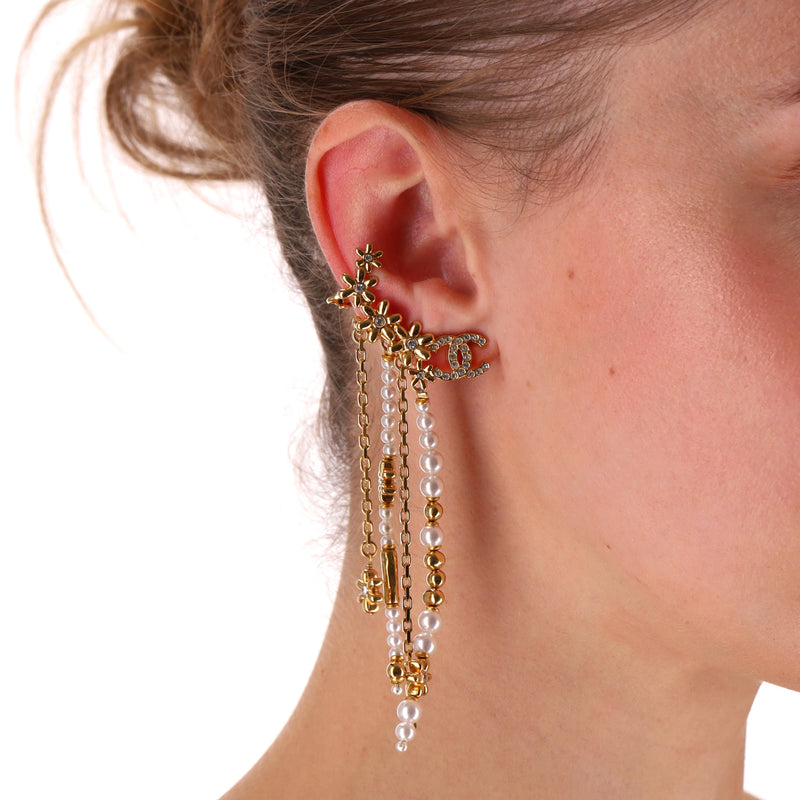 Chanel 'CC' Logo & Pearl Floral Motif Drop Climber Earrings