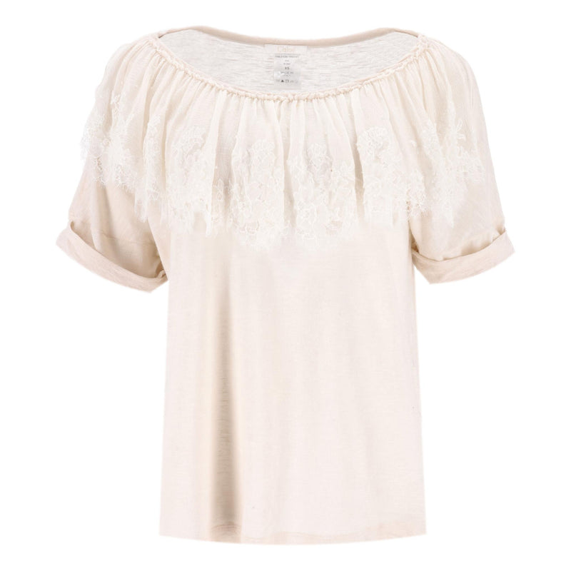Chloe Silk, Linen & Cotton Blend Lace & Pearl Detail Top. Size XS