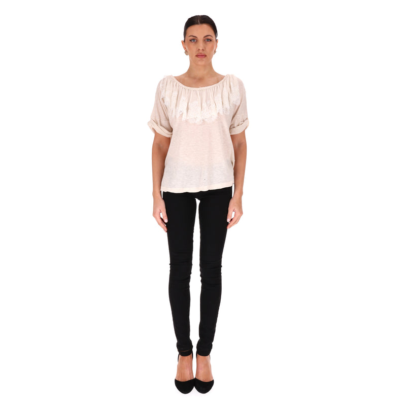 Chloe Silk, Linen & Cotton Blend Lace & Pearl Detail Top. Size XS