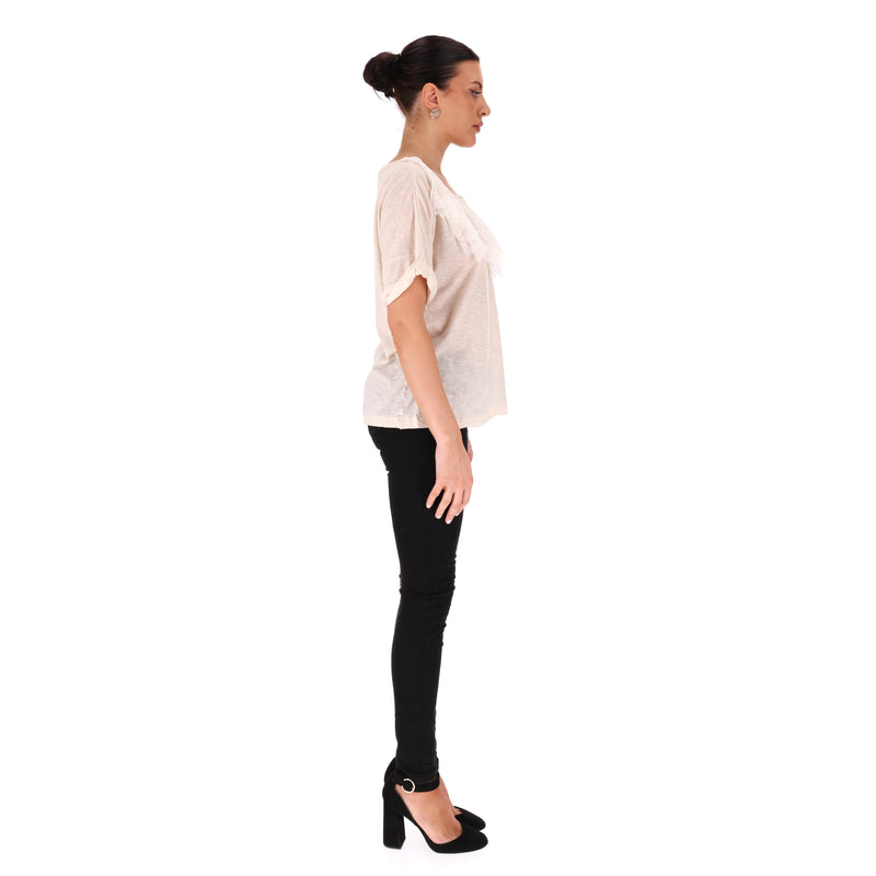 Chloe Silk, Linen & Cotton Blend Lace & Pearl Detail Top. Size XS