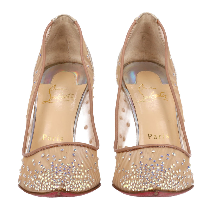 Christian Louboutin Follies Strass Crystal Embellished Mesh Pumps. Size 38
