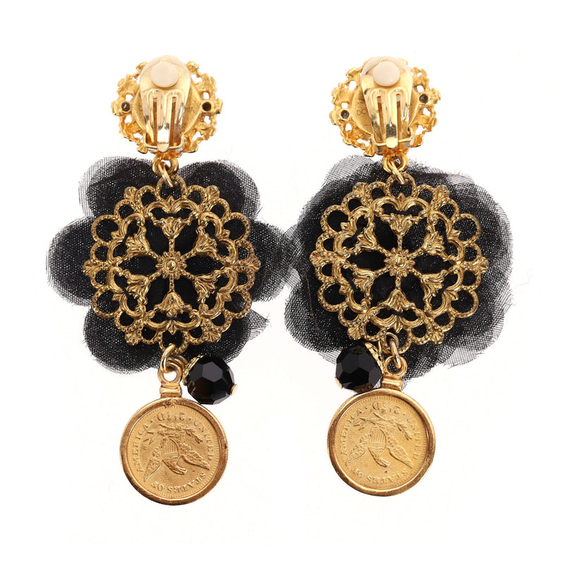 Dolce & Gabbana Baroque Lace Flower & Coin Drop Clip-On Earrings