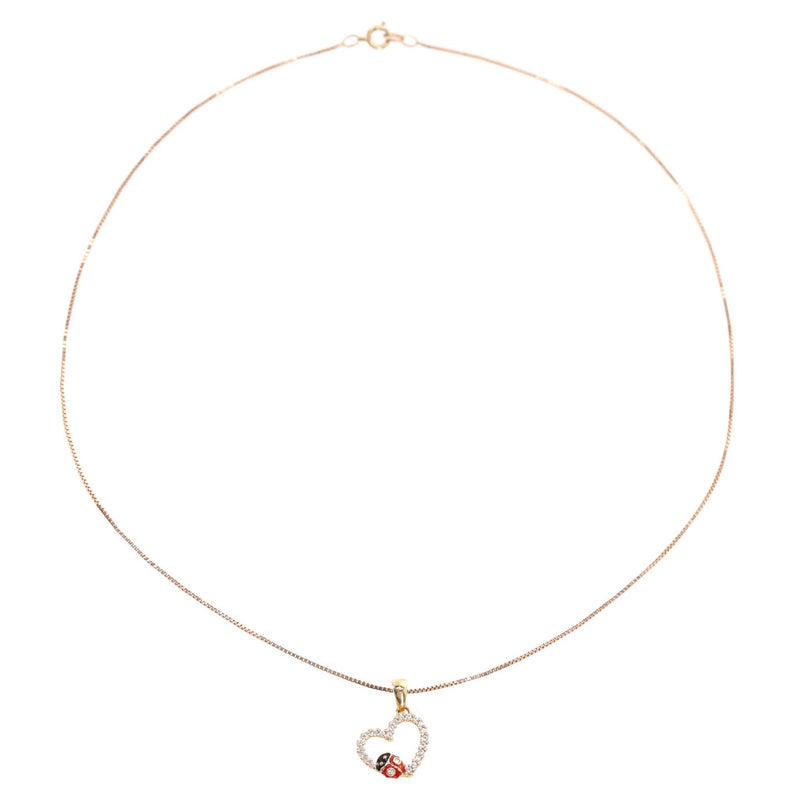 Brev Italy Lady Bug Heart Diamond & Enamel Pendant In 18k Gold With 9K Gold Box Chain Necklace