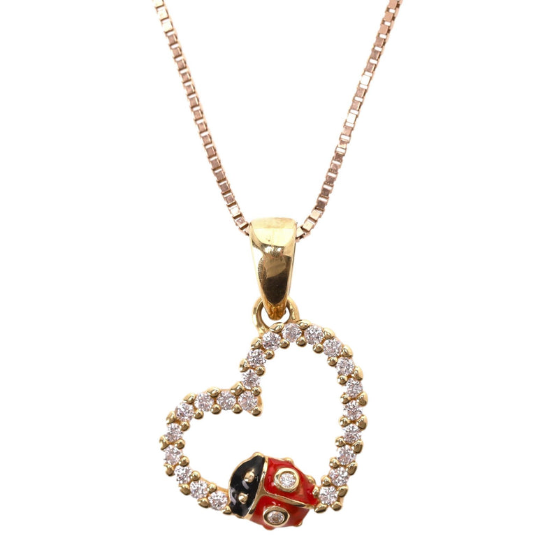 Brev Italy Lady Bug Heart Diamond & Enamel Pendant In 18k Gold With 9K Gold Box Chain Necklace
