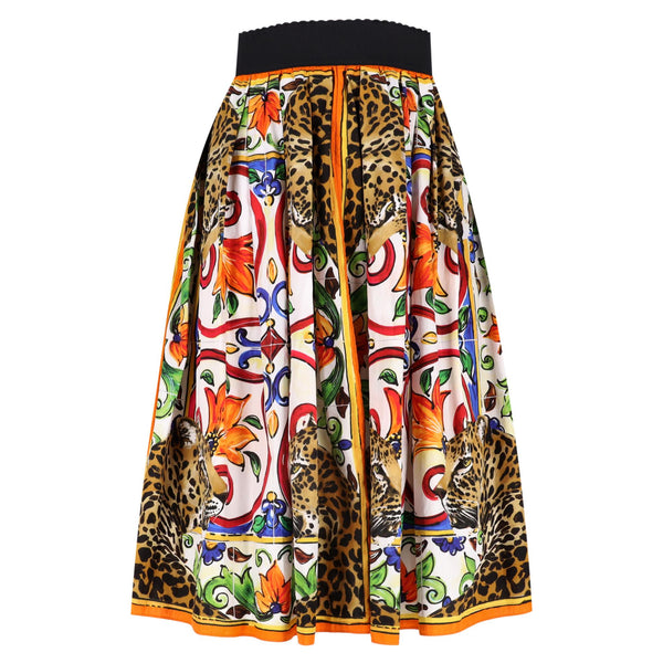 Dolce & Gabbana Leopard & Maiolica Print Cotton Skirt. Size 38IT