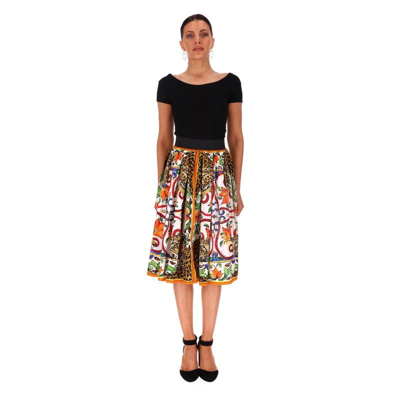 Dolce & Gabbana Leopard & Maiolica Print Cotton Skirt. Size 38IT