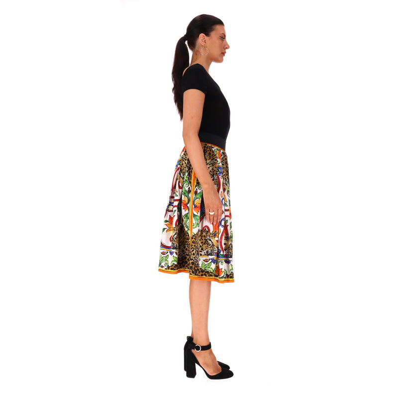 Dolce & Gabbana Leopard & Maiolica Print Cotton Skirt. Size 38IT