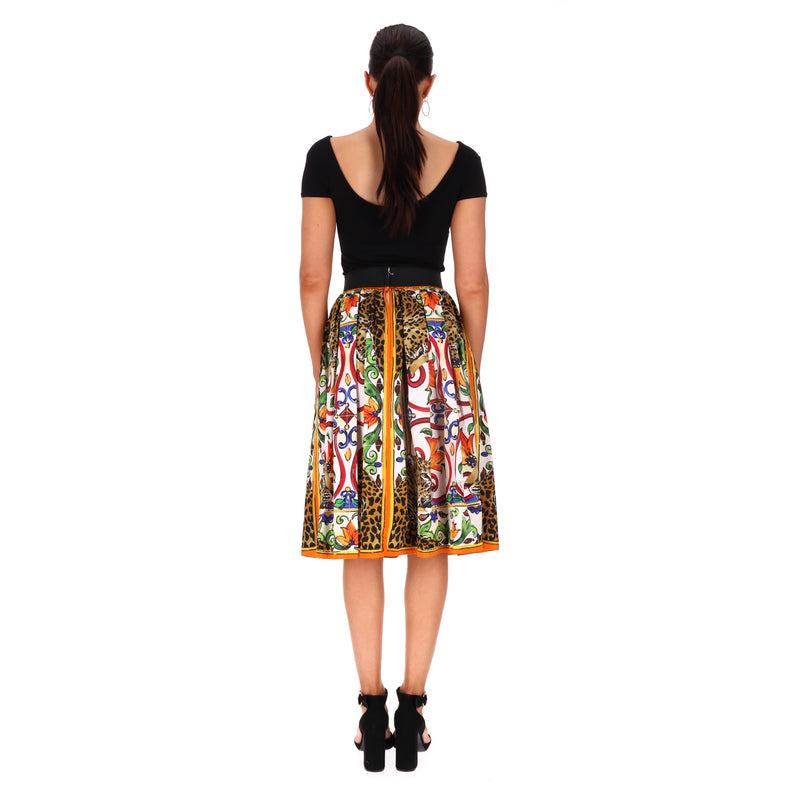 Dolce & Gabbana Leopard & Maiolica Print Cotton Skirt. Size 38IT