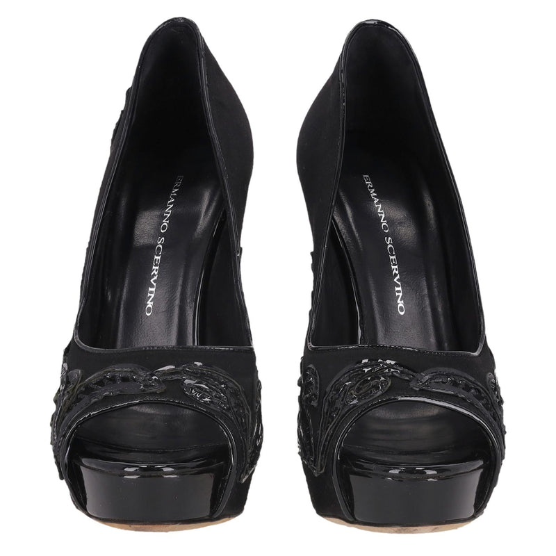 Ermanno Scervino Peep Toe Satin Heels With Patent Leather Embroidery. Size 37