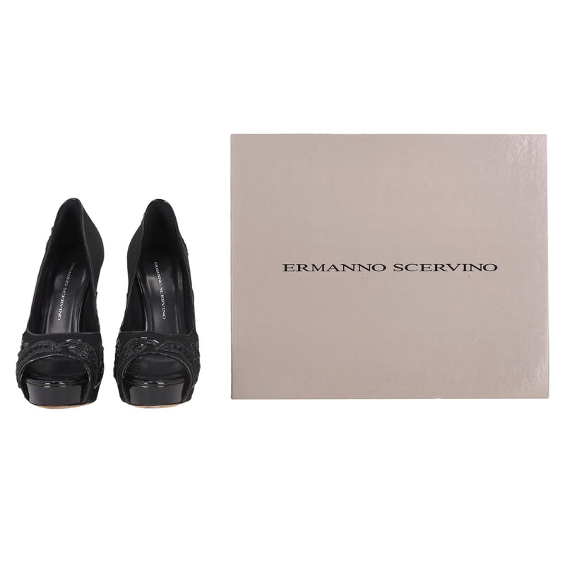 Ermanno Scervino Peep Toe Satin Heels With Patent Leather Embroidery. Size 37