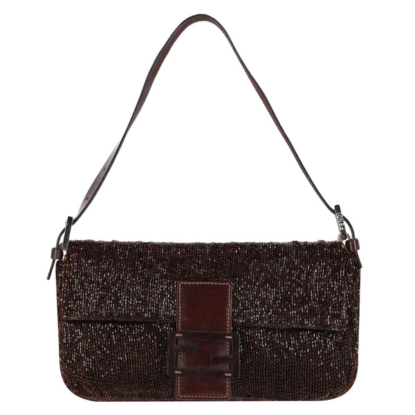 Fendi Bead-Embellished 'FF' Leather Buckle Baguette Shoulder Bag