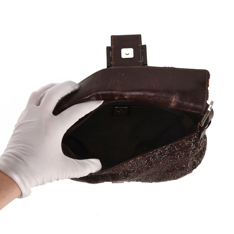 Fendi Bead-Embellished 'FF' Leather Buckle Baguette Shoulder Bag