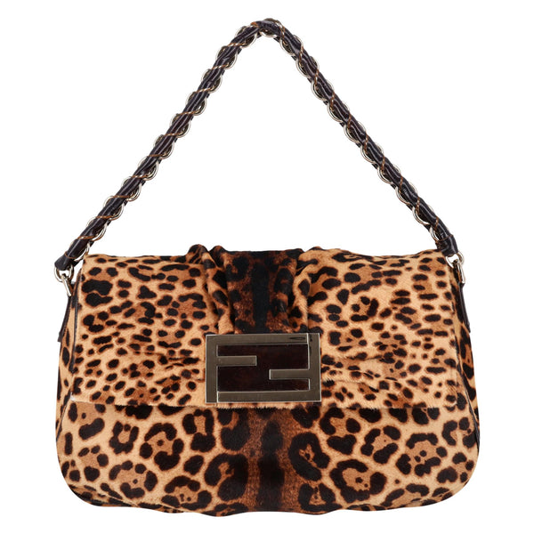 Fendi Leopard Pony Hair 'FF' Buckle Vintage Mamma Baguette Shoulder Bag