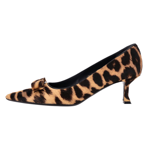Ferragamo Leopard Print Pony Hair Siwar Pumps. Size 39