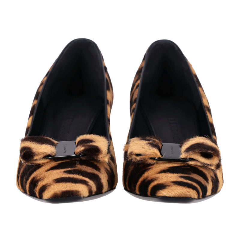 Ferragamo Leopard Print Pony Hair Siwar Pumps. Size 39