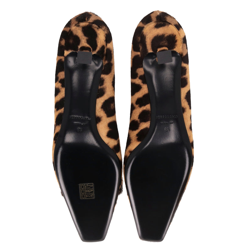 Ferragamo Leopard Print Pony Hair Siwar Pumps. Size 39