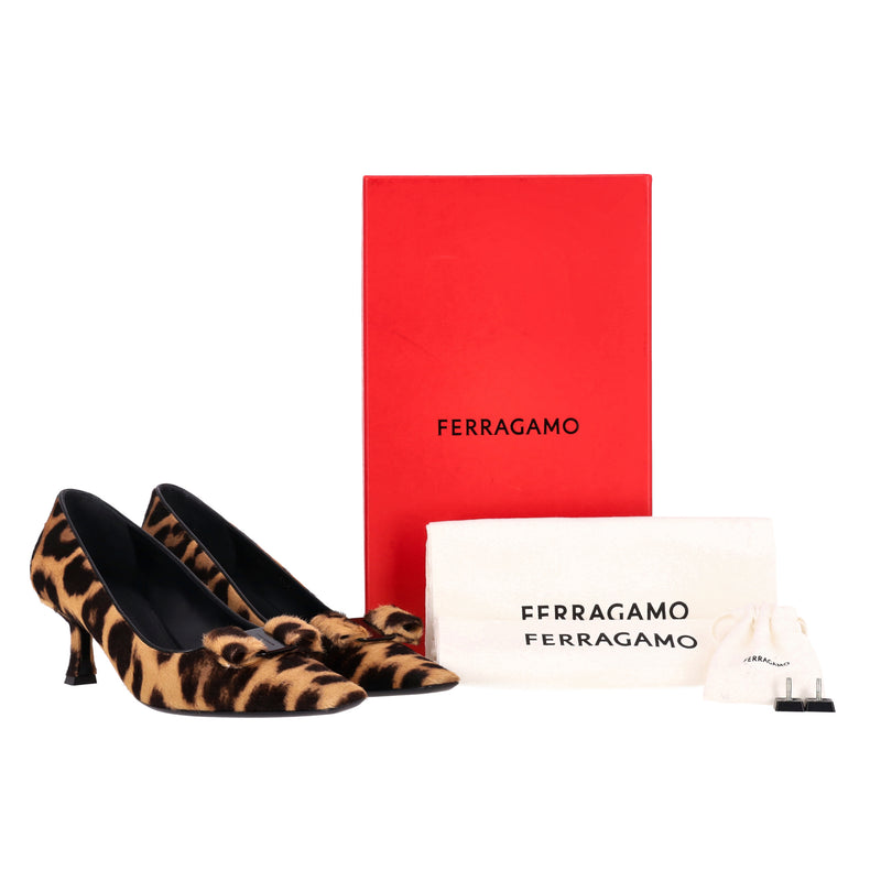 Ferragamo Leopard Print Pony Hair Siwar Pumps. Size 39