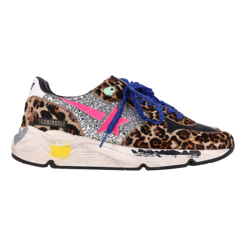 Golden Goose Leopard Print Pony Hair & Glitter Running Sole Sneakers. Size 39