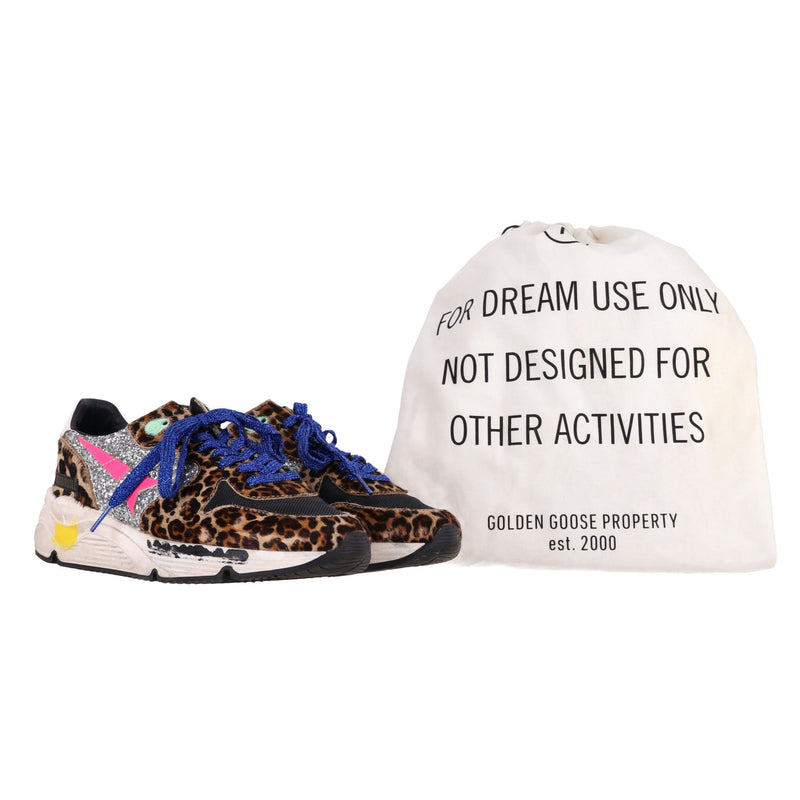 Golden Goose Leopard Print Pony Hair & Glitter Running Sole Sneakers. Size 39