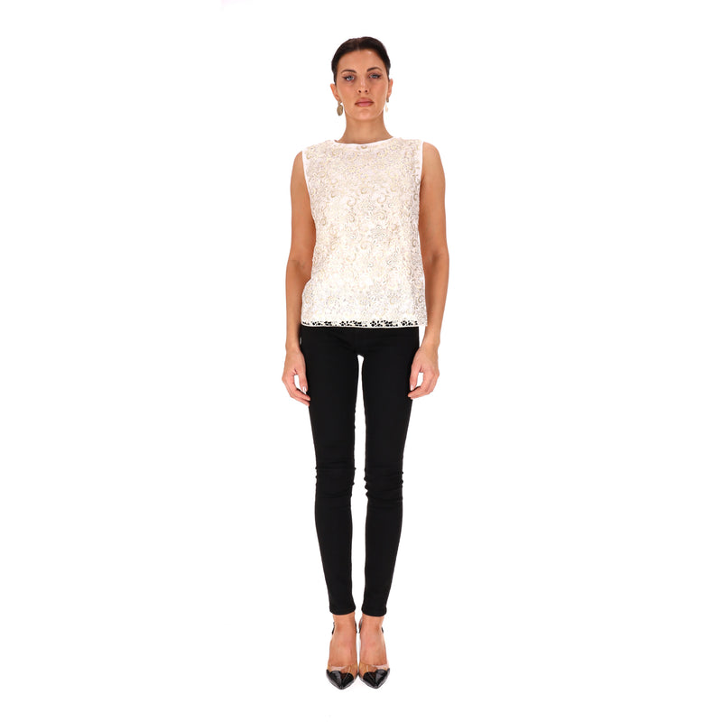 Giambattista Valli Floral Lace-Embellished Cotton Top. Size M
