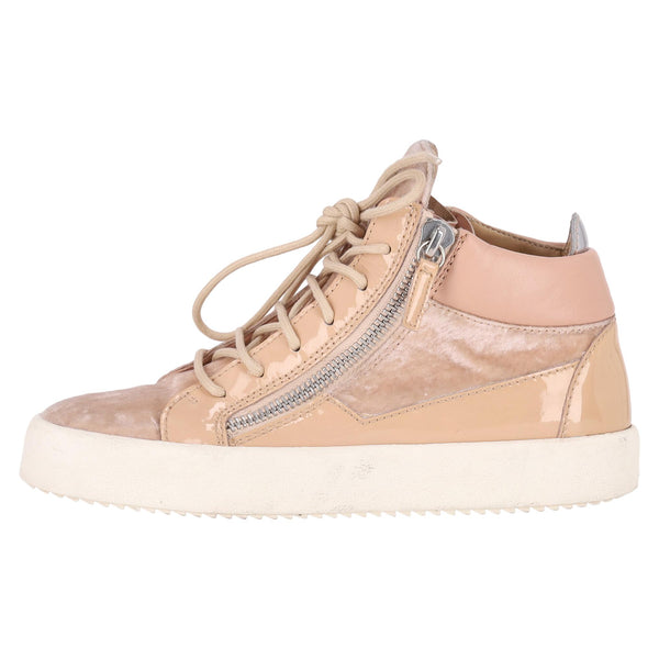 Giuseppe Zanotti Patent Leather & Velvet High Top Sneakers. Size 38